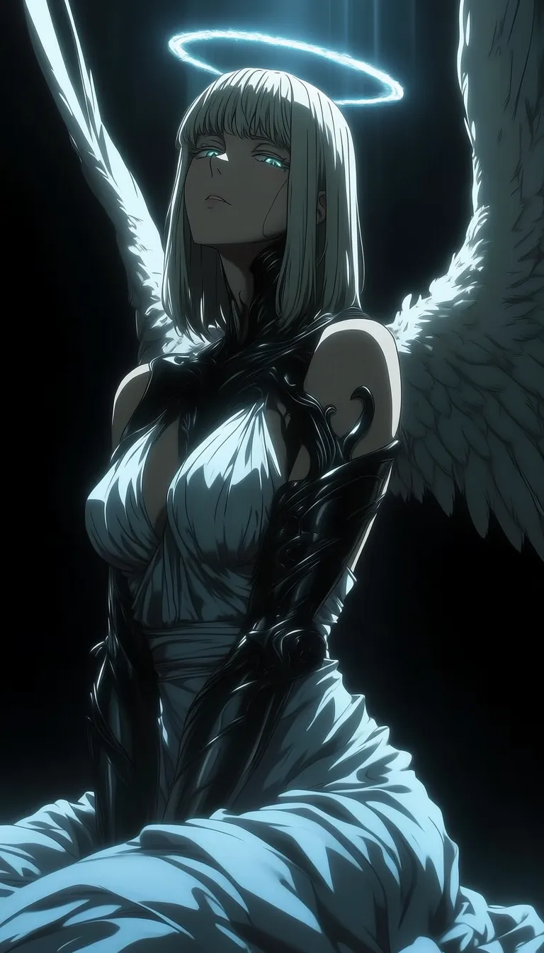 dark_art_style, 1girl, solo, alone, angel, wings, looking at the viewer, white dress, masterpiece, highres