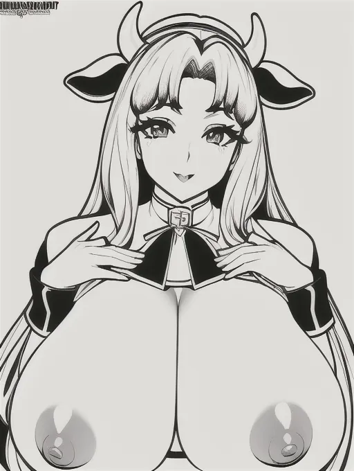 4k, ((8k)), (masterpiece), ((high quality)), <lora:manga_lineart:1>, gorgeous woman, cow teats for nipples, (huge long nipples), exaggerated nipples, ((giant nipples)), average sized breasts, medium tits, extreme nipples, huge fat nipples