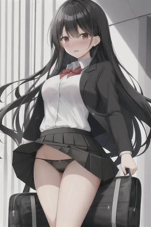 long hair, black hair, school uniform, black panties, miniskirt, skirt blown up by wind, embarrassed, mature, upskirt, sexy