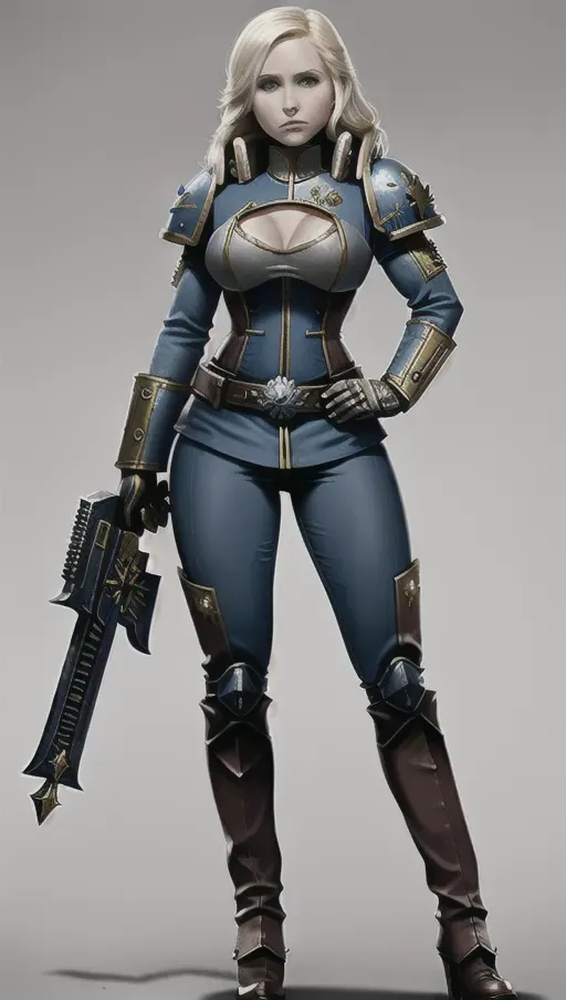 Warhammer 40k, kristen bell as a, ((sister of battle)), pale skin, ((perfect anatomy)), woman, uniform, angry,(wide hips), large tits, sexy, wh40k, (skinny), ((thin waist))