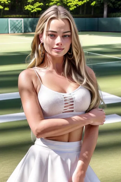 portrait shot of a maximum ultra fine detail and ultra maximum high resolution photo shot, 1girl, (she is a perfect blend of Margot Robbie and Courtney Cox and Cara Delevigne),
wearing a large white tennis skirt and large white sports shirt, wearing white sneakers, standing on a tennis court bench, selfie shot, smiling, (no nipples),
ultra-fine detailed and maximum perfection and accuracy face detail and face sharpness and facial features realism, perfect anatomy detail and body texture detail, perfect proportions and realistic physics, ultra-fine skin and hair detail sharpness, ultra-fine edge definition and sharpness, full body shot, five slender fingers per hand, medium breast,
perfectly photographic exposure,
(Perfect Maximum ultra-fine detail sharpness:1.4),
maximum ultra-fine texture detail sharpness,
photorealistic, ultra maximum accuracy anatomy and body, earrings, grin, long eyelashes,
realistic ultra shallow depth of field, realistic lens flare,
<lora:dpmg_add_detail:1.2>,
<lora:dpmg_muscle_girl:0.8>,
<lora:dpmg_better_bodies:.1>,
(perfect photographic masterpiece:1.1),(best quality:1.1),ultra high res,ultra fine detailed facial features, ultra fine detailed body anatomy features, an extremely high resolution, real life accurate, perfect eyes anatomy and shape, perfectly circular round iris and pupils of eyes, maximal ultra fine edge sharpness and definition, maximal physics perfection, ultra fine detail verisimilitude and photographic realism, insanely photorealistic, ultra realistic, ultra high definition