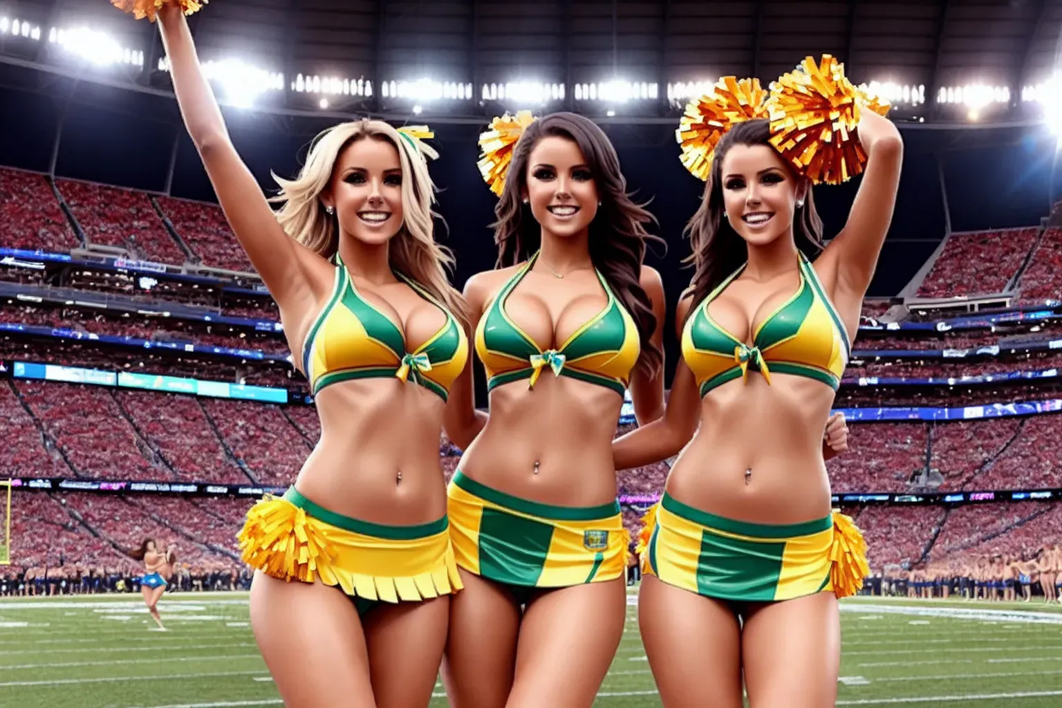 hyperrealistic photo of a group of gorgeous Australian cheerleaders, bikini uniforms, CHEERING IN A FOOTBALL STADIUM