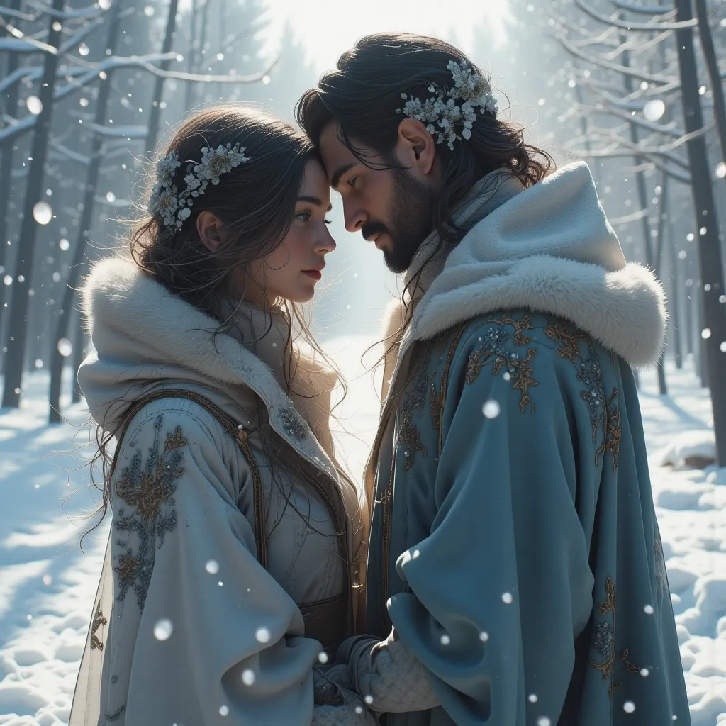 A man and a beautiful girl are depicted in full-length in a winter fairy tale setting through fantasy, realistic photography. The image boasts high detail, a cinematic quality, stunning visuals, hyper-realistic elements, sharp focus, high resolution (8k), and an insanely detailed presentation.