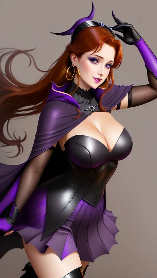 low angle, medium shot,
beautiful, Sweet innocent beautiful, good girl, goth makeup, Anna of Arendelle, age 30 long red-Auburn hair in a big ponytail, sweet smile, large round natural blue eyes, Nordic, black leather clothing with dark purple highlight, bare naked open exposed shoulders, gold hoop earrings, dark purple collar, long dark purple gloves, dark purple halter-Corsette, dark purple pleated micro-mini-skirt, dark purple thigh-high boots, long pointed canine teeth, bare mid-riff, long black hooded cape