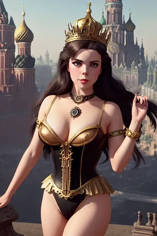 a photograph of a young Natalie Wood dressed as an empress, ((full body and legs visible)) seductive, wearing crown and ((leotard)), natural breasts, dark hair, standing in an ((alternative steampunk)) ((Moscow)) cityscape with ((onion-domed churches)), wearing necklace, five fingers per hand,raised arms, beautiful face,beautiful lips,curved eyebrows,curved eyelid,satisfaction,highly detailed,sharp focus,cgsociety,cinematic lighting,pixiv