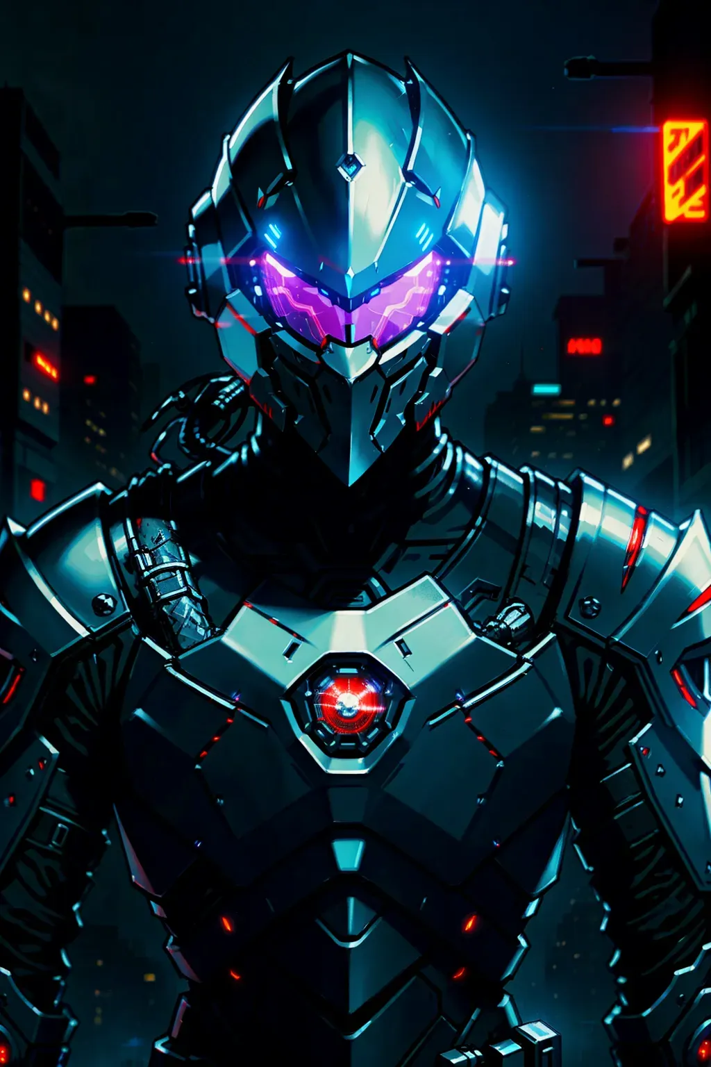 Cyberpunk, Knight, full face helmet, glowing accents, with a sword, male, 8k wallpaper, best quality, ultra hd, cinematic lighting, studio lighting, hi-resolution, high quality, highly detailed, in a city