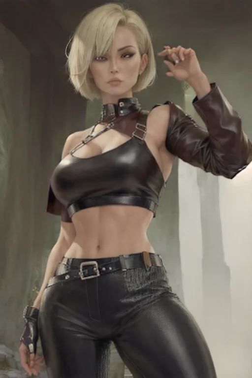 human female martial artist with short blonde hair bob cut wearing a crop top blouse and black leather trousers with straps
