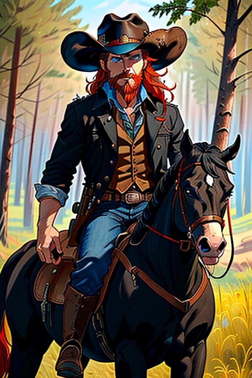 Old wild west, A badass cowboi riding his badass horse, US Marshall, black cowboi hat with white band and a feather, red hair, red beard, sharp blue eyes, gritting teeth, strong chin, strong build, black cowboi outfit, long brown trench coat, black boot cut pants, two six shooter revolver pistols, two gun holsters, gun belt with bullets line in, black cowboi boots with spurs, riding in the saddle of his black horse, a black stallion, in the forest, fending of a pack of wolves, ((high definition)), ((4k quality)), ((excellent lighting)), ((great shading)), ((pristine detail)), ((really clear picture)), ((beautiful vibrant colors)), ((accurate at lower prompt guidence)), ((ultra realistic)), (((five fingers per hand))), (((two arms per person))), (((two legs per person))),