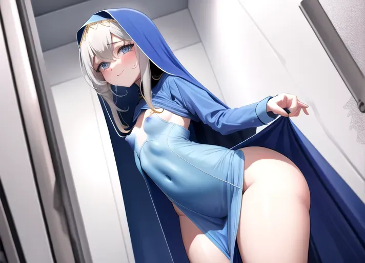 virgin mary, nsfw, small breasts, heart eyes, slim, standing, shower, blue clothes, huge dress, lifting skirt