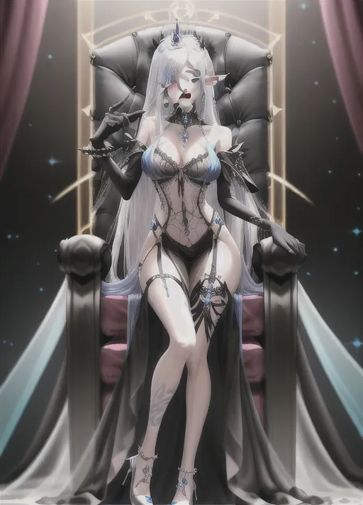 ((Evil)) fey sorcerer queen, with crazy manic expression, smiling, (posed seductively) on a throne made of ice, ruling over the winter court of fey, wearing transparent revealing two piece blue dress, transparent clothing, exposed naval, see through clothes, sheer clothing, crop top,<lora:dpmg_fantasy_armor:0.25>, (functionally nude), pretty face, long smooth hair, multi colored hair, wide hips, long legs, (perky breats), feminine facial features, eye shadow, mascara, two tone hair, ((punk style)), white blue ombre hair,
(Eyelash extensions), winged eyeliner, black lipstick, narrow waist, ((hourglass figure)), beautiful face, pretty eyes, ((feline pupil)), pointed ears, long elf ears, big breasts, plump lips, high quality image, long acrylic nails, big eyes, crown, jewlery, body gemstones,
((Smiling with malicious confidence)), ((manic expression)), (((crazy expression))),((<lora:dpmg_crazy_expression:1>)) ,
Excellent lighting, high quality,
(((Full body veiw))),