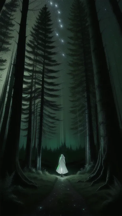 This is a woman walking by night in very dark and ancient forest, she wears a very large white hooded dress, she hold in her hand a lantern that light tam in front of her to guide herself , we can't see the night sky due to the many old trees around her, there is a few fireflies following the tam light,
View from behind, very dark and tam light, ((lot of trees in the surroundings)), ((night)),
Extremely detailed, extremely realistic, beautiful, ((night)), ((((dark)))),