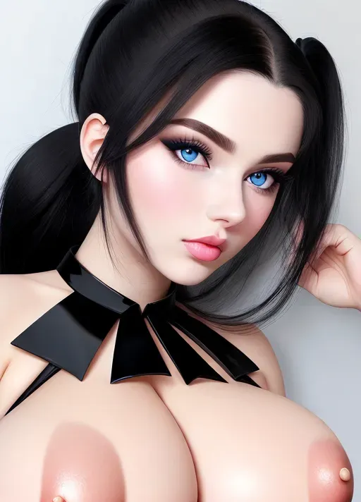 Gorgeous European babe, raven-haired beauty, black hair, one ponytail, pale skin, photo cute young face, blue eyes, large full lips, huge gigantic boobs, (gigantic boobs), overflowing black bra, photorealistic, best quality, ultra high resolution