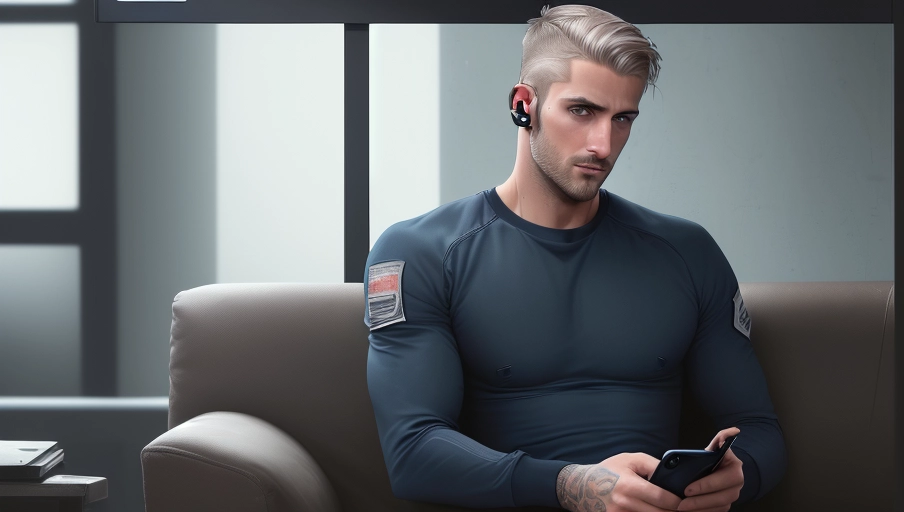 ((2 men)), 8k, top quality, high res, masterpiece, ((photorealistic)) Best image of a perfect handsome thirty something man with dirty blond hair (high tight faded haircut) and blue eyes. He has a chiseled jawline and light colored mustache. He is very thin but lean and is sitting cross legged on a navy colored sectional sofa dressed wearing modern athleisure clothing. He is seen from the side facing his tv and is watching an inmate on his big screen TV in a chic downtown apartment: 1.9). (The handsome 30 year old dark-haired inmate on the TV screen dressed in prison attire is seen on screen in a jail holding a phone up to his ear while he looks at a tiny screen on the wall: 1.5)