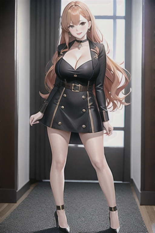 8k quality, brown eyes, pale white skin, orange hair, giant breasts, cleavage, looking at viewer, pov, long hair, wavy hair, full body photo, standing in room, smiling, blue minidress, high heels, knee high boots, choker