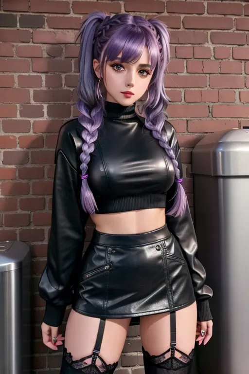 <lora:dpmg_imminent_fuck:1>, wearing a pink plaid miniskirt, wearing knee high socks, crop top, lace thigh highs, leather boots, graffiti, small town street corner, brick wall, trash cans, beautiful face, beautiful eyes, small pupils, short purple hair, in dark alley, at night, full moon, volumetric lighting, focused, erotic uncensored, purple hair, large breasts, perfect anatomy, violet eyes, Pig tails, braids,