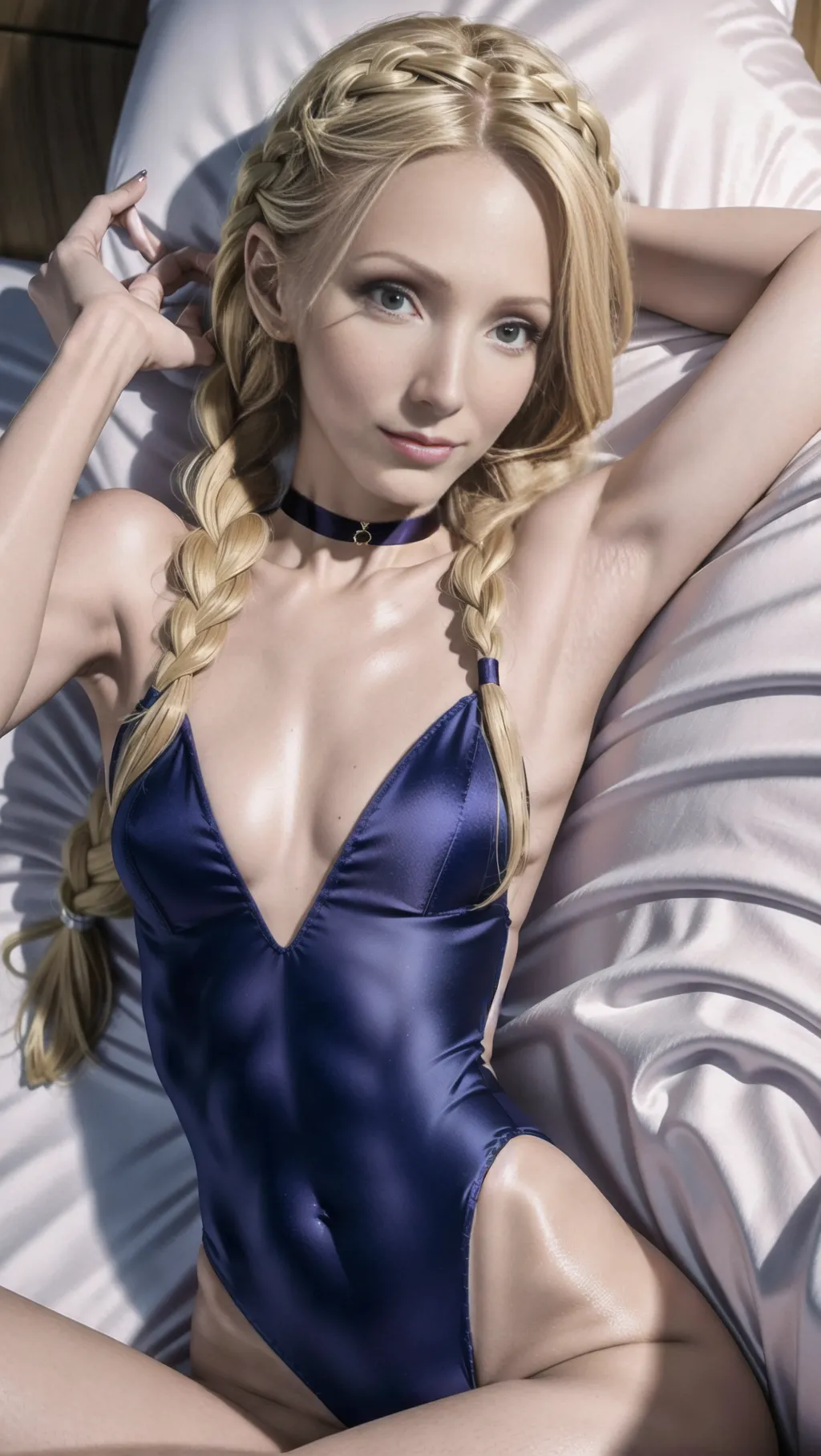 slender, petite, flat chested, blonde braids, eye contact, flirtatious smirk, accurate face, exquisite detail, small skintight sheer satin leotard, choker, laying in her bed, about to be fucked, <lora:dpmg_imminent_fuck:1>