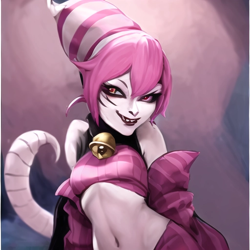 solo , 1 female jester kobold ,albino kobold, lizard humanoid, droopy jester hat tentacles, wide big kobold tail striped, white pink striped kobold tail, small short,wearing royal checkered jester outfit clothing, cute silly jester croptop shirt on , kobold dragon face ,dragon nose, snout dragon face, short hybrid twilek dragon kobold ,pink hair , dragon jaw , dragon mouth, bipedel, twilek alien , long big jester hat with stripes covers top of head, jester hat droops to waist from head , bells on jester hat, 1 bell around neck feminine, big head, animal nose, , , solo ,red eyes, , wearing jester jacket clothes with bells, smirk , masterpiece, albino kobold , white scales, thaumaturge, cute pink medium long length hairstyle, red cute eyes , cute look in eyes,succubus ,anime digital art, absurdres ((masterpiece))