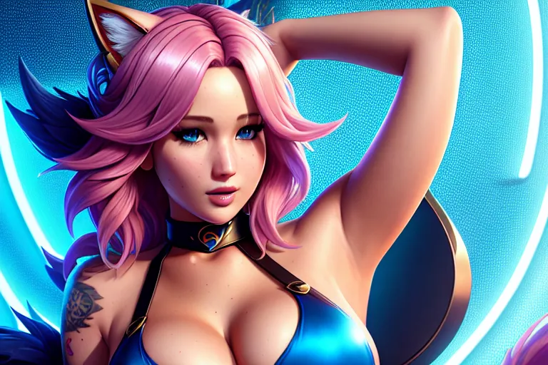 a illustration of,jennifer lawrence,wearing lol ahri cosplay,doing sexy pose,big breasts,five fingers per hand,undercut hair,charming face,beautiful lips,blue eyes,curved eyebrows,curved eyelid,cosy,tattoo,cinematic lighting,unreal engine,highly detailed,ultra realistic,cgsociety