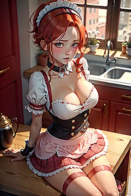 tomboy, blushing, maid outfit, (short skirt), red hair, begging, groveling, collar, cleavage, frilly, headband, kitchen