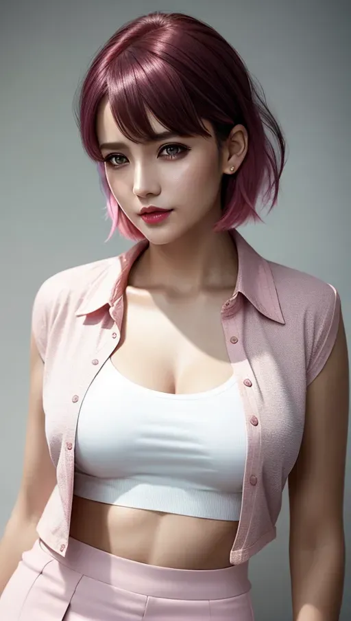 <lora:dpmg_euro_american:.55>,open shirt,short skirt,five slender fingers,bangs hairstyle,gorgeous face,beautiful lips,curved eyebrows,textured skin,satisfaction,pink
hair, messy hair, short hair, realistic,sharp focus,surreal,smooth,cgsociety
