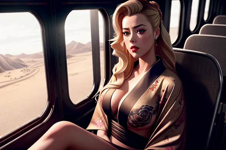 a digital art of,amber heard,wearing kimono,sitting,in the bus,big breasts,five slender fingers,fishtail hair,gorgeous face,beautiful lips,curved eyebrows,textured skin,romantic,tattoo,cinematic lighting,artstation,unreal engine,cgsociety,studio lighting