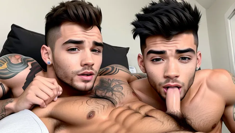masterpiece, 2boys, high quality, best resolution, photorealistic image of a fully nude Liam Payne receiving a blowjob from Zayn Malik, zayn is wearing black briefs, zayn sucking liams cock, liam gets blowjob from zayn and cum is on zayns face and chin pov, blowjob with cum on face pov, zayn malik sucking dick pov, liam payne accurate male anatomy (perfect legs, perfect penis, highly detailed hairy calves)