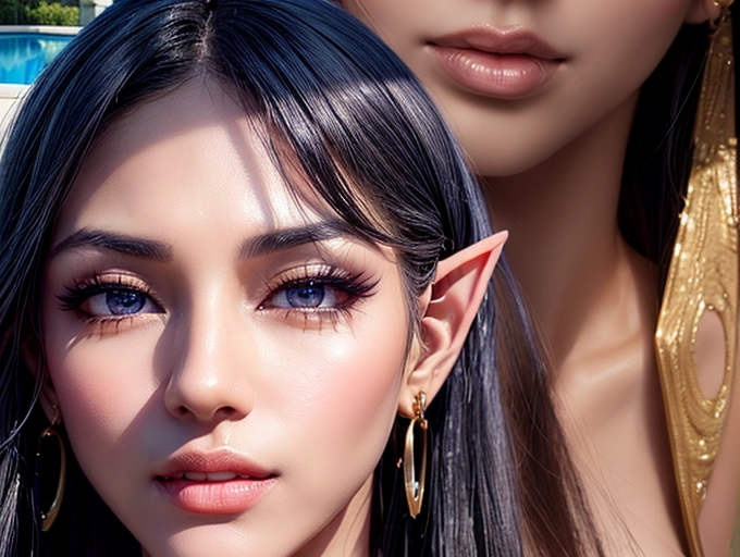 (outstanding portrait of an asian Elf noble woman with black skin:1.2), (a stunningly sexy and beautiful woman with blue eyes watching the viewer), athletic body with toned abs seen through a transparent skimpy silk dress, slender waist with smooth skin and deep cleavage, detailed erect nipples seen through dress, (dramatic pose next to pool with arched back and exposed armpit:1.4), (slim body with medium breasts:1.4), luxurious and revealing silk dress, extremely long black hair in ponytail reaching to her hips, golden earrings and bracelets with precious gems, (naughty but sexy smile showin some nice white teeth:1.1), (purple eyeliner:1.1), (smokey eyeshadow:1.0),
(front view zoomed in portrait with focus on face and breasts:1.6), background setting is in the garden of a luxurious marble mansion with pool and bushes, several purple flowers on trees and bushes, black skin, (face of asian CJ Miles:1.2),
(masterpiece:1.1), (photorealism:1.1), <lora:dpmg_add_detail:1.2>, (NSFW:1.2),
cinematic lightning, artificial lighning, great shadows, best quality, highest quality, highest resolution, 8k, Perfect composition, masterpiece, sharp focus, perfect anatomy, five detailed fingers on each hand, two arms, no ribs visible, no extra nipples, no extra ears