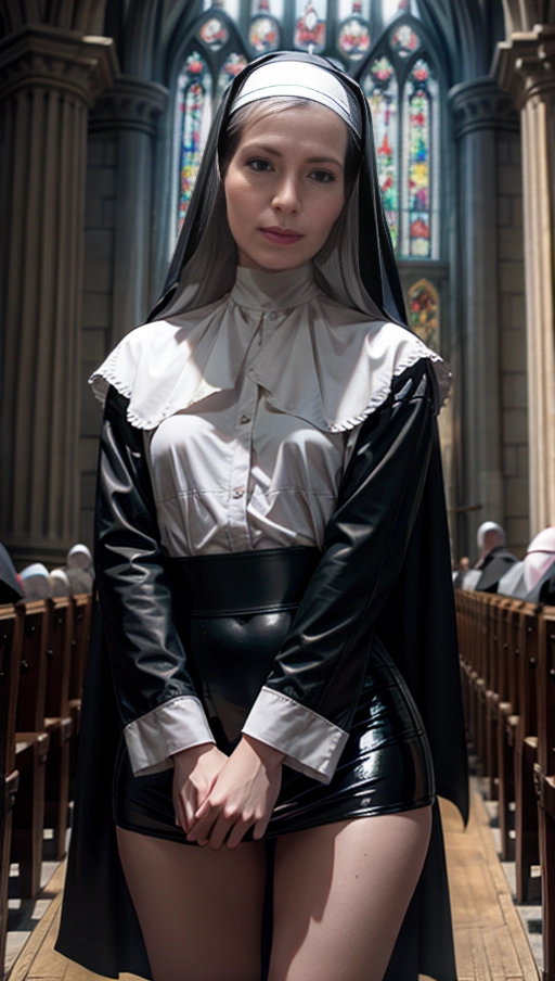 (magazine photoshoot), <lora:PN7xrGpnVMg_Adria:0.4>, (bdsm_nun:1.4), (plain_body, soft body:1.3), (small breasts:1.2), (glistening skin:1.3), fair skin, pale skin, (detailed skin texture, goosebumps:1.1), ((detailed hair:1.2)), (BDSM, she is dressed like a latex_nun:1.2), (hairy vagina:1.2),
(she is in an old cathedral), (she is standing uncomfortably, tugging on her skirt, <lora:dpmg_skirt_tug:1>)
natural colors,
natural lighting,
(best quality), <lora:dpmg_add_detail:0.5>, beautiful,(high resolution), (((masterpiece))), (uhd), (8k),