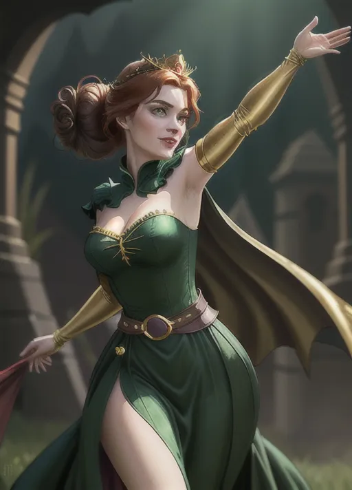 low angle dressed in elegant dark green velvet gown and cape with black bodice with gold trim and gold belt, her hair done up in a low hanging bun, sweet Beautiful youthful sultry auburn haired newly turned vampire Queen Anna of Arendelle smiling and running her tongue across her new formed pair of vampire fangs her eyes glowing bright red as she rises from her dark foggy cobwebbed crypt. photorealistic.