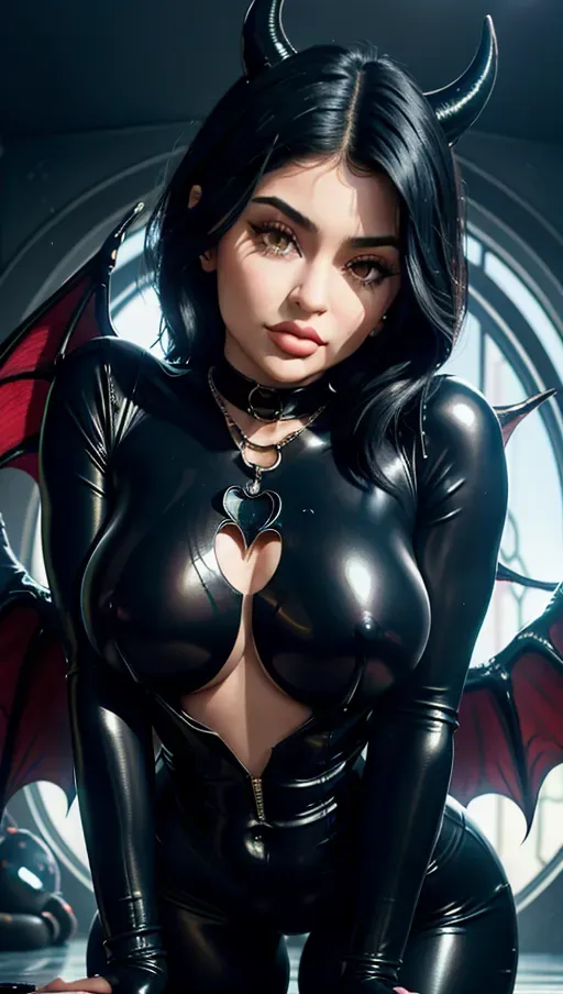 1boy, 1girl, best quality, (((ultra high res))), (detailed face and eyes), ((Kylie Jenner symbiote transformation)), (((symbiote goo everywhere))), body intrusion, succubus, venom, heart, heart necklace, heart choker, very long hair, demon wings, tail, selfie, bent over, latex bodysuit, latex top