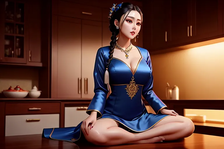 a illustration of,fan bingbing,wearing ao dai,sitting on bent knees,in the kitchen,big breasts,five slender fingers,braids hair,gorgeous face,beautiful lips,blue eyes,curved eyebrows,smooth skin,satisfaction,wearing necklace,surreal,unreal engine,studio lighting,ultra realistic,smooth