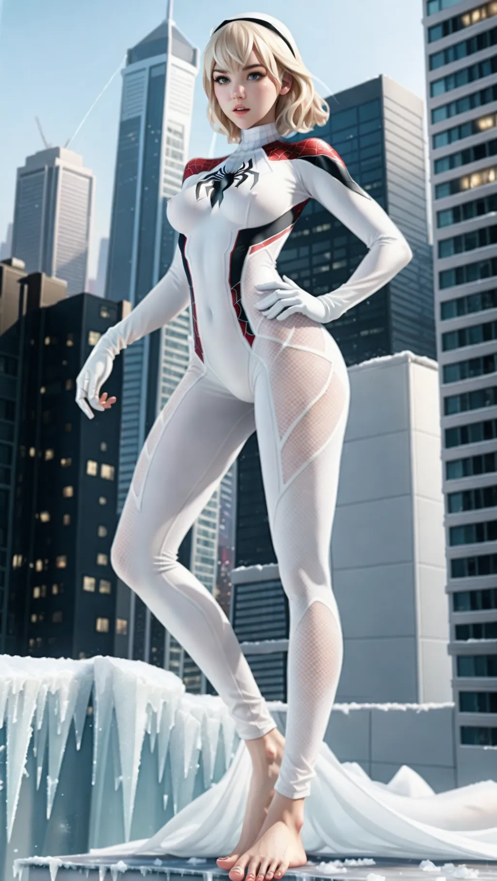 full-body image of a gorgeous barefoot Gwen Stacey with erect nipples wearing white spider hero outfit with long white spandex pants and gloves while standing barefoot on an icy rooftop in a big city, sexy feet, barefoot, exposed face, exposed head, bare feet, Spiderverse,