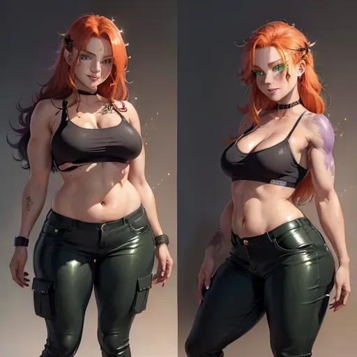 Cacis is a young, slightly chubby, girl with a small chest and buttocks, long dark ginger unkempt hair, sparkling green eyes. She has various more or less deep scars all over her body. She has many bloody scars.
She wears a cargo loose black leather pants and a purple sport bra. She is barefoot. She smiles