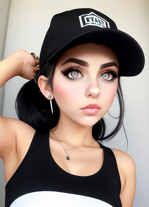 Cute Italian girl, simple grunge makeup, pale colored eyes, big wide eyes, black hair, ponytail, big lips, high riding huge boobs, gigantic tits, tight tanktop, baseball cap, photorealistic, best quality, ultra high resolution