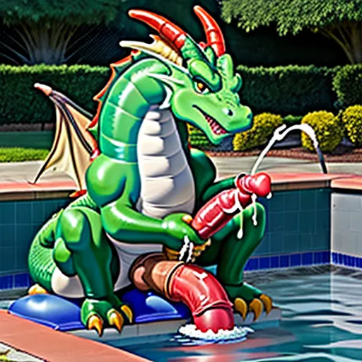 Sentient inflatable feral dragon with his large cock in a pool ejaculating gallons of cum.