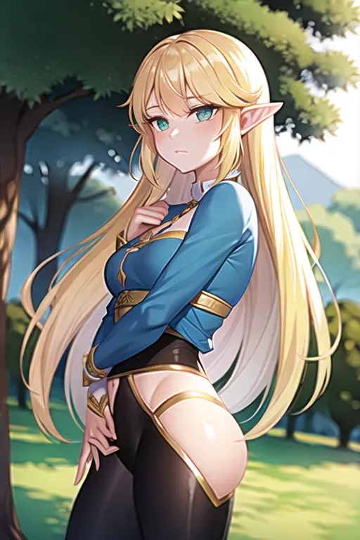 <lora:dpmg_princess_zelda:0.3>, 1girl, bangs, blonde hair, breasts, bridal gauntlets, closed mouth, expressionless, from side, green eyes, highres, jewelry, long hair, long sleeves, nintendo, outdoors, own hands together, pointy ears, ring, small breasts, solo, standing, the legend of zelda, tree, triforce print, upper body, blue shirt and black pants