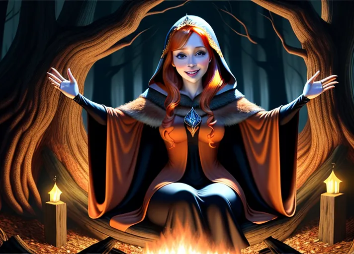 wide shot of Beautiful sweet fun loving auburn haired adult Queen Anna of Arendelle wearing an omenous large hooded cape with a spooky grin and hands stretched out claw-like sits on a log leaning in telling terrifying spooky stories to the youth of Arnedelle around the campfire, the only source of light, deep in the woods on a dark crisp autumn night on Friday the 13th. photorealistic.
