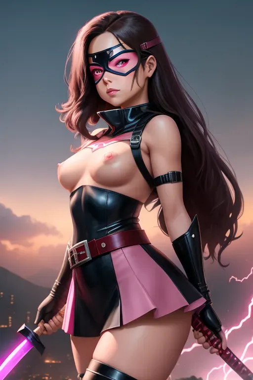 Superhero, shoulder length brunette hair, Demi Lavato, superhero eye mask, red eyes, small nose, blushing full cheeks, full lips, medium breasts, hard nipples, pink and black one piece uniform with skirt, belt with gadgets, heart emblem on chest, full thighs, thick ass, naked pussy exposed, cum dripping from pussy, hairy vagina, thigh high boots, flying, katana, lightning, high definition, cinematic lighting.