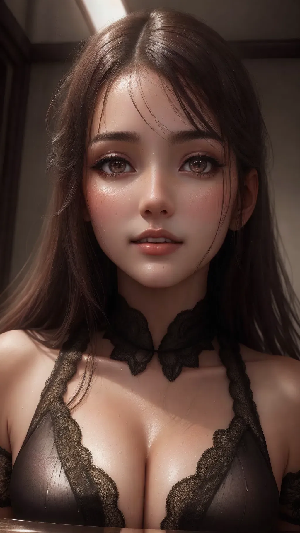 Sexy woman, just came in from the rain, beutiful face, realistic pose, highly detailed skin, talking, looking up at viewer,