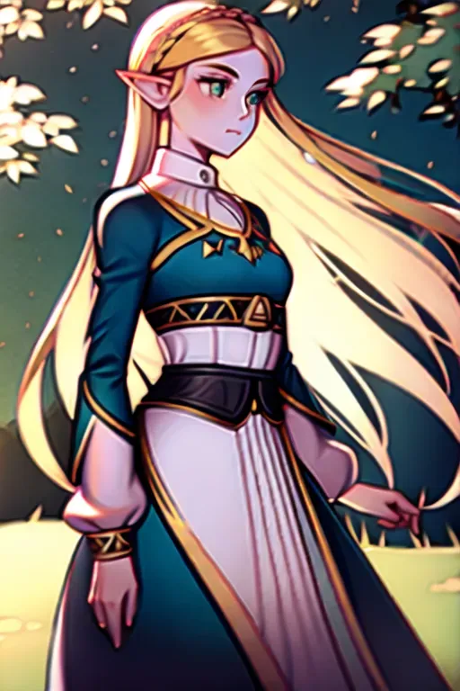 <lora:dpmg_princess_zelda:1>, 1girl, bangs, blonde hair, breasts, bridal gauntlets, closed mouth, expressionless, from side, green eyes, highres, jewelry, long hair, long sleeves, nintendo, outdoors, own hands together, pointy ears, ring, small breasts, solo, standing, the legend of zelda, tree, triforce print, upper body, blue shirt and black pants
