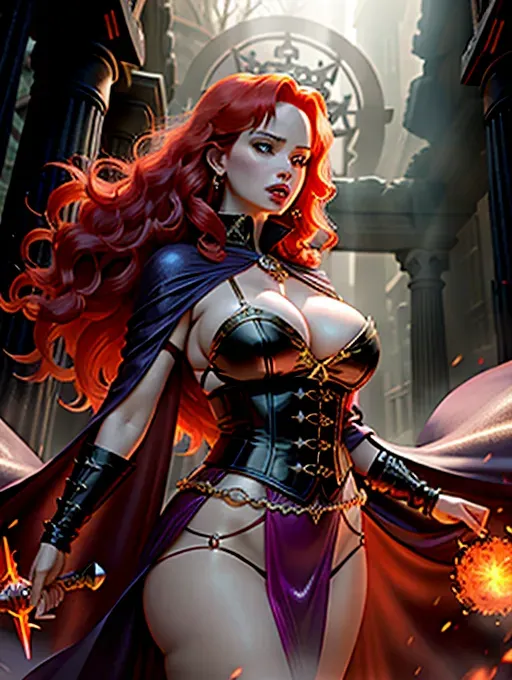 fierce, beautiful confident Christina Hendricks as Circe a powerful witch, summoning eldritch arcane forces, brandishing a flaming dagger, in a ruined ancient temple, wearing sheer silk robe, Glorious mane of red hair, five fingers per hand, long hair, beautiful face, beautiful lips, curved eyebrows, curved eyelid, pale skin, epic. surreal, smooth, pixiv, studio lighting, cinematic lighting, shouting a spell of terrible destruction, dynamic pose, wild gestures
