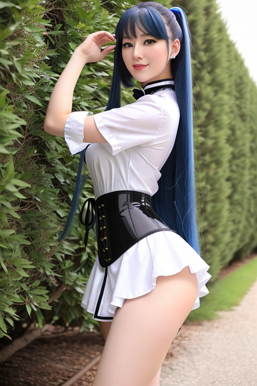 long hair, pale skin, blue hair, blue eyes, black choker, giant H-cup breasts, wavy hair, white maid uniform, smiling, full body photo, 28 years old, miniskirt, cleavage, high heels, corset, 8k quality, boots, in living room, pigtails