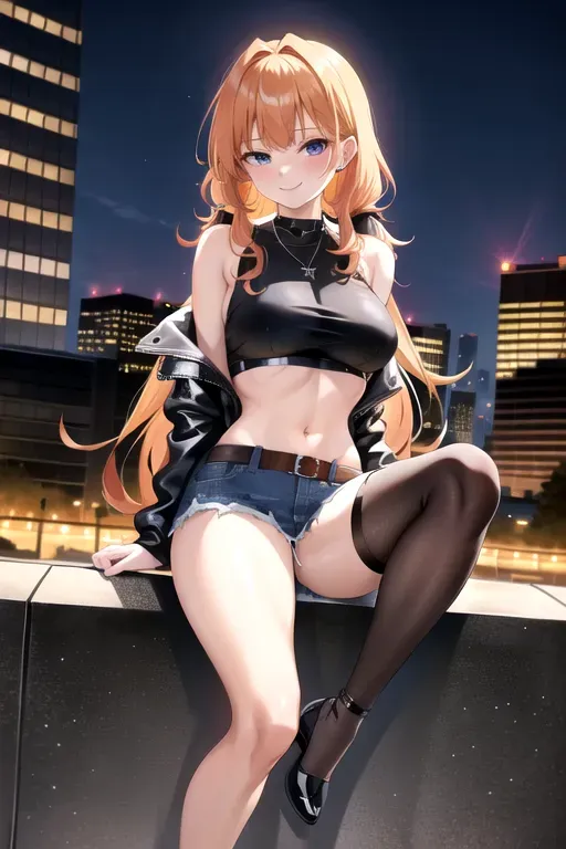 full body, strawberry blonde hair, hazel eyes, short girl, denim miniskirt, black high heels, looking at viewer, long hair, pale skin, silver necklace, black crop top, 24 years old, giant breasts, cute face, pov, wavy hair, city environment, Oklahoma City, wide eyes, erotic, skirt tug, leather jacket, nighttime, black backpack, slim body, low pigtails, sitting on wall, smiling