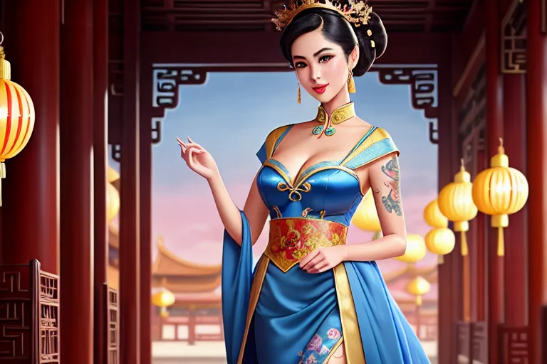 a illustration of,a disney princess,wearing chinese costume,walking,at the library,natural breasts,five fingers per hand,short hair,charming face,beautiful lips,blue eyes,curved eyebrows,satisfaction,tattoo,editorial,professional,ultra realistic,surreal,pixiv