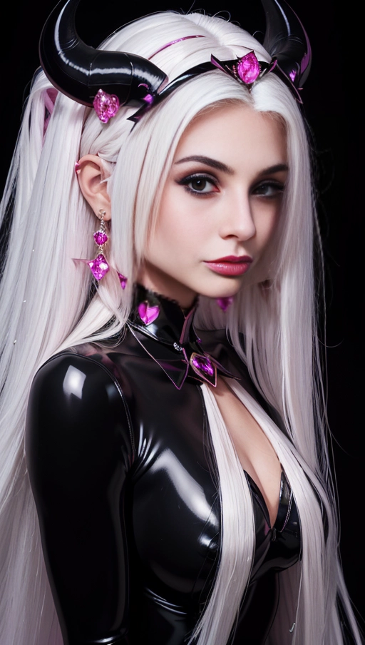 best quality, (((ultra high res))), (((detailed face and eyes))), ((perfect face)), (big shining heart choker), earrings, jewelry, (conjuring), witch, ((very long voluminous hair)), ((((white hair)))), ((((black skintight neckholder)))), ((((pink lipstick)))), ((black long sleeves)), ((glowing heart)), (((demon mark))), ((((straight hair)))), (((Kylie Jenner))), (((((very very long hair))))), (((perfect face and eyes))), (((straight hair))), (black latex suit), ((succubus)), hearts, dark background, (((face closeup))), ((((pink diamond diadem)))), (black demon horns), (((jewelry diadem)))