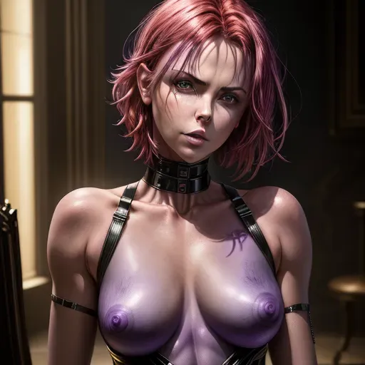 (Ultra realistic illustration:1.1), Fantasy setting, portrait of large daemon succubus, (Charlize Theron:1.1), (purple skin:1.2), (red hair:1.2), large breasts with very erect nipples, long tail, toned and slim body, abs, muscular, slender arms, narrow waist, dressed in metal harness, (detailed pussy and red pubic hair:0.6), sexy eyes, erotic pose, (portrait focusing on face and upper body:1.2),
<lora:dpmg_add_detail:1.2>, vivid colors, cinematic composition, artificial light, UHD, HDR, highest quality, highest resolution, (photorealist), (photorealism), (masterpiece:1.2)
