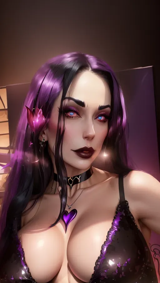 perfect boobs, topless, succubus, nude, heart choker, heart necklace, purple heart nipple patches, heart, black hair, no bra