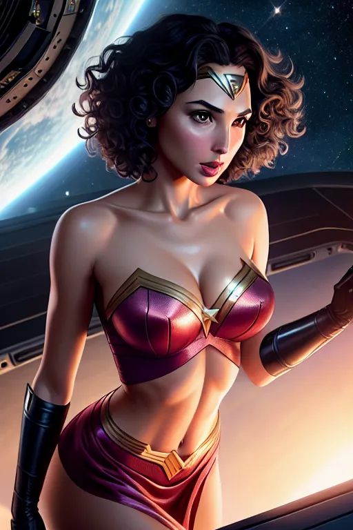 a digital painting of,gal gadot,wearing nightie,shooting from a high point,in the space station,amazing breasts,five slender fingers,curly hair,gorgeous face,beautiful lips,detailed large eyes,curved eyebrows,curved eyelid,textured skin,erotic,tattoo,8k,bokeh,cgsociety,artstation,pixiv