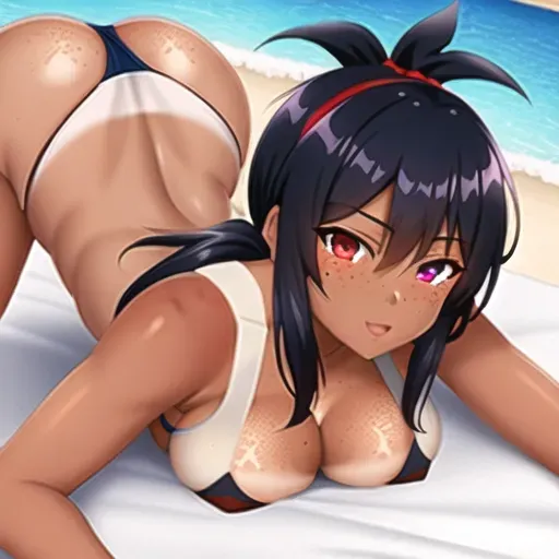 Tanned, Dark freckles, dark red low ponytail, heterochromatic dark blue and amber eyes, b-cup breasts, girly hips, round ass