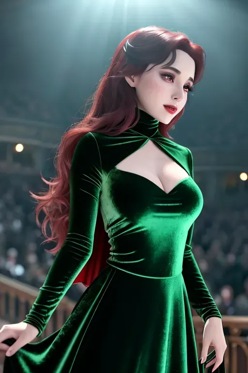 Disney, wide eyes,European, Anna of Arendelle, neck high green velvet modest dress with fold over flap, separate Count Dracula in black and red embracing from behind his fangs upon her neck, modest breasts,five fingers per hand,sweet face, beautiful lips,curved eyebrows, blood trickling from bite on neck, straight auburn hair, medium long hair, theateric dramatic club lighting,ultra realistic,pixiv,unreal engine,bokeh, hand on arched neck